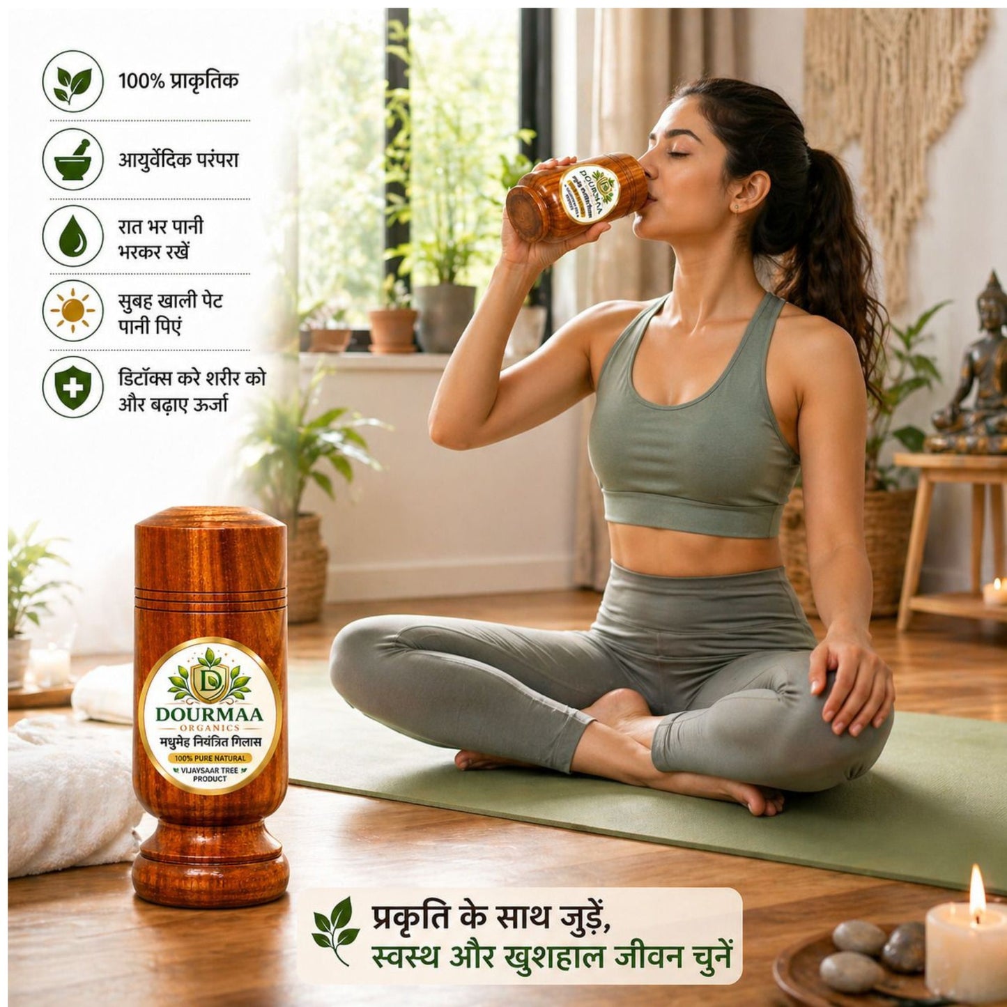 Dourmaa Organics Pure Vijaysaar Wooden Glass – Natural Ayurvedic Wooden Tumbler for Daily Wellness, Sugar Management Support & Healthy Lifestyle